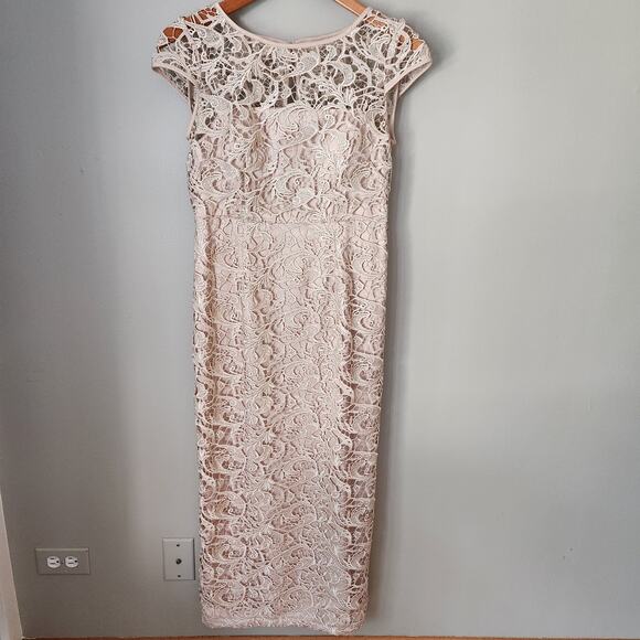Adrianna Papell Gold Cap Champagne Sleeve Lacey Slit Maxi Dress - Picture 1 of 12